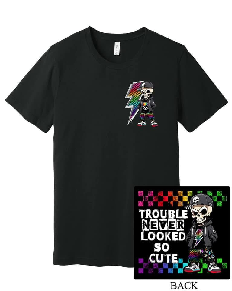 Rainbow Bolt & Skelly Dude Pocket w/ Trouble Never Looked So Cute (Back)